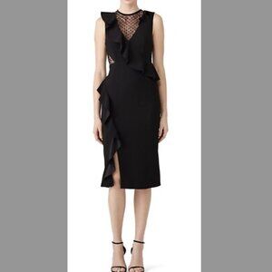Rebecca Vallance Black Gabriella Ruffle Spot Sheer Lace Midi Dress Size 4 US